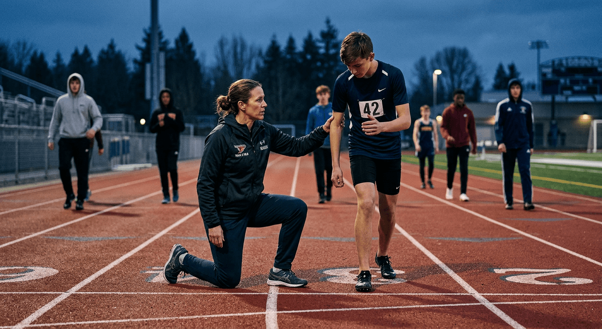 A coach kneeling on a red track teaching a young sprinter proper running form