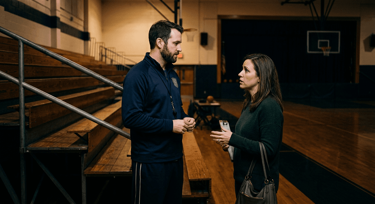A parent and a youth basketball coach talking calmly near gym bleachers