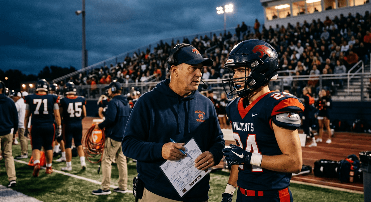 A youth football coach with a clipboard talking to a player on the sideline under stadium lights