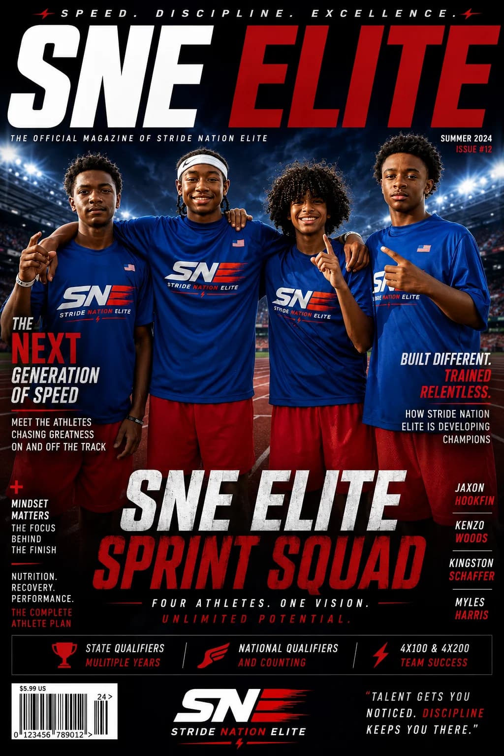 SNE Elite magazine cover featuring the Stride Nation Elite sprint squad — Jaxon Hookfin, Kenzo Woods, Kingston Schaffer, and Myles Harris